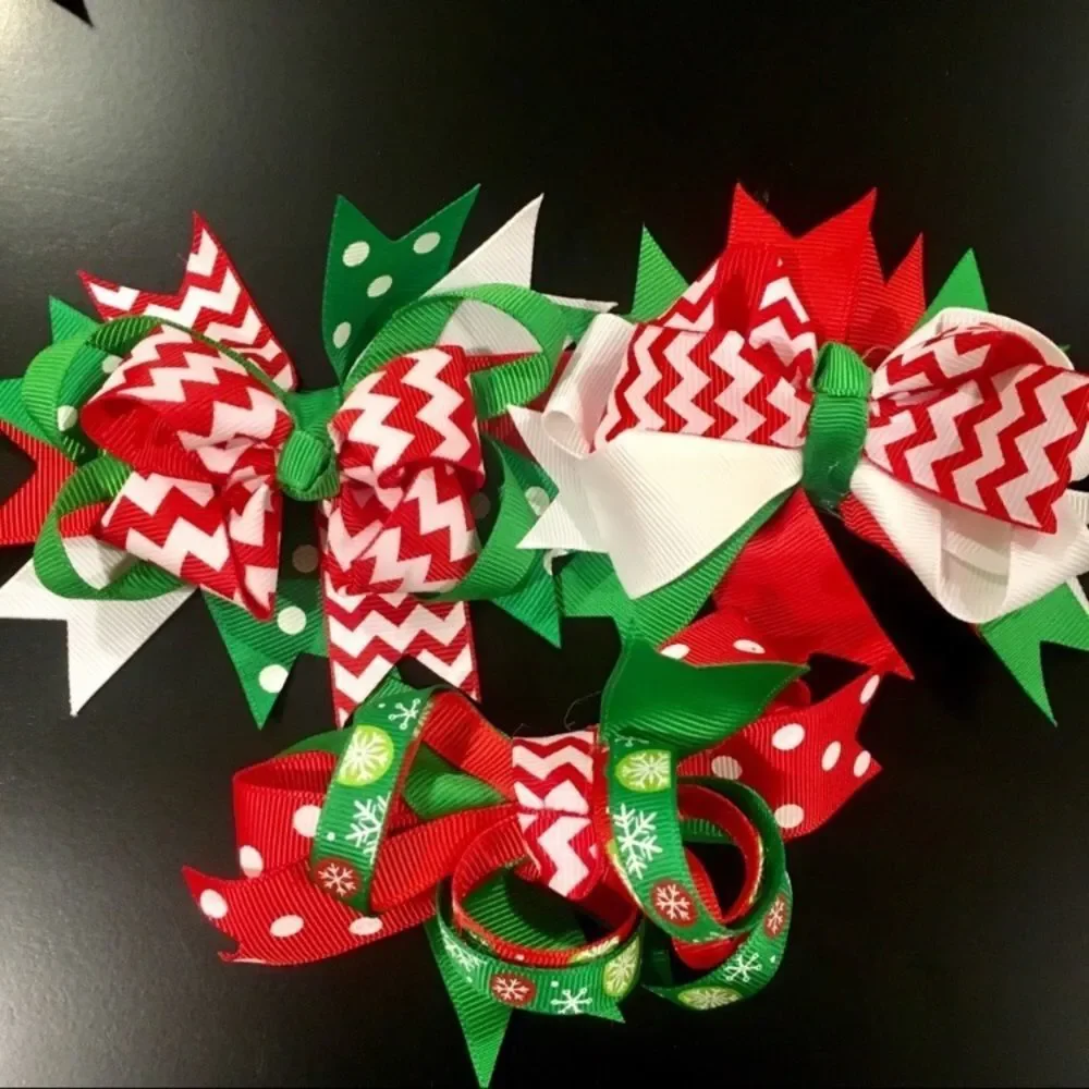 Two Christmas Colored Hair Bows - 2 Grosgrain Hair Bows with Clips RANDOM